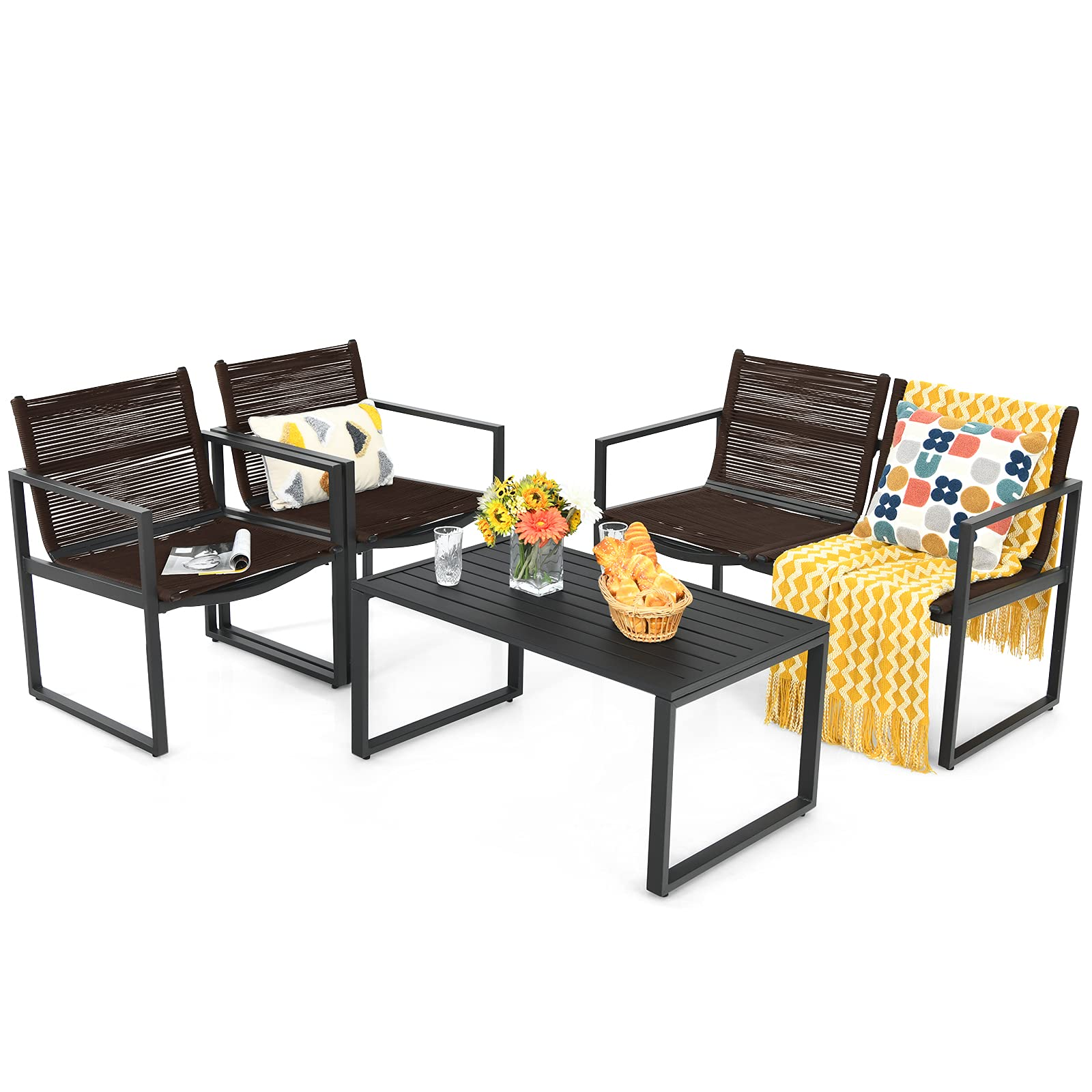 Ensemble de mobilier de patio Tangkula 4 pièces, ensemble de canapé de conversation extérieur avec table basse